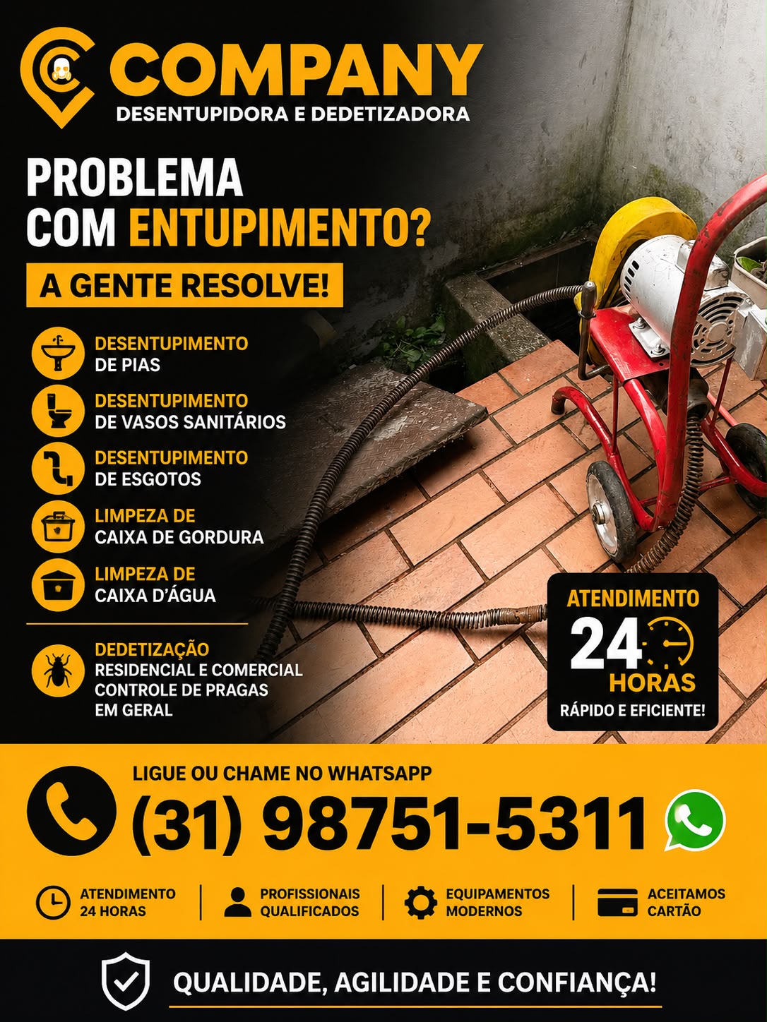 Equipamento profissional usado em serviço de desentupimento