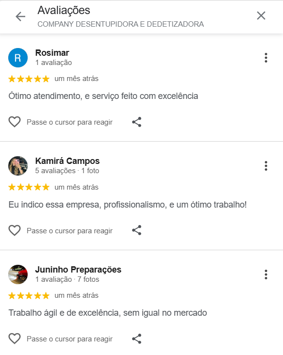 Avaliações de clientes da Company Desentupidora e Dedetizadora no Google